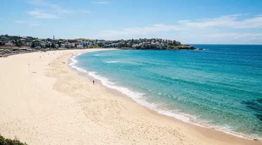 Empty Sydney beach with pristine white sand and turquoise water after heavy rainfall, showing closed beach warning infrastructure without swimmers
