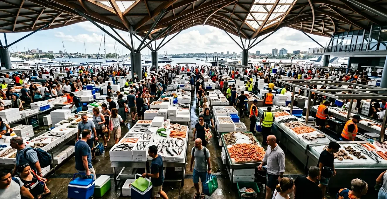Bustling Sydney Fish Market during Christmas seafood marathon with shoppers and fresh seafood displays