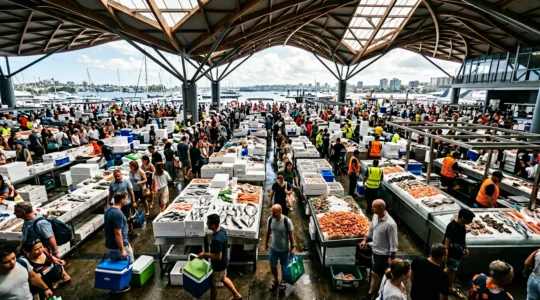 Bustling Sydney Fish Market during Christmas seafood marathon with shoppers and fresh seafood displays