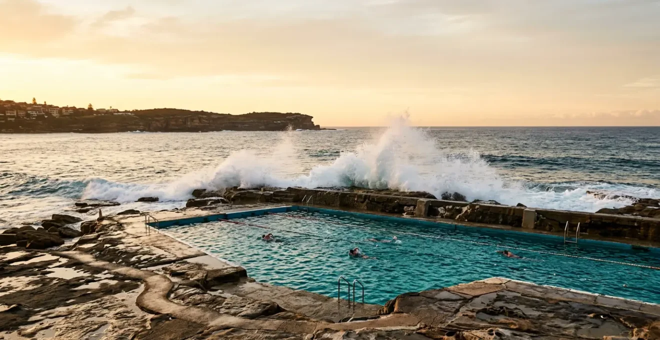 A serene Sydney ocean pool carved into coastal rocks with turquoise saltwater and dramatic wave spray at the edges during bluebottle season