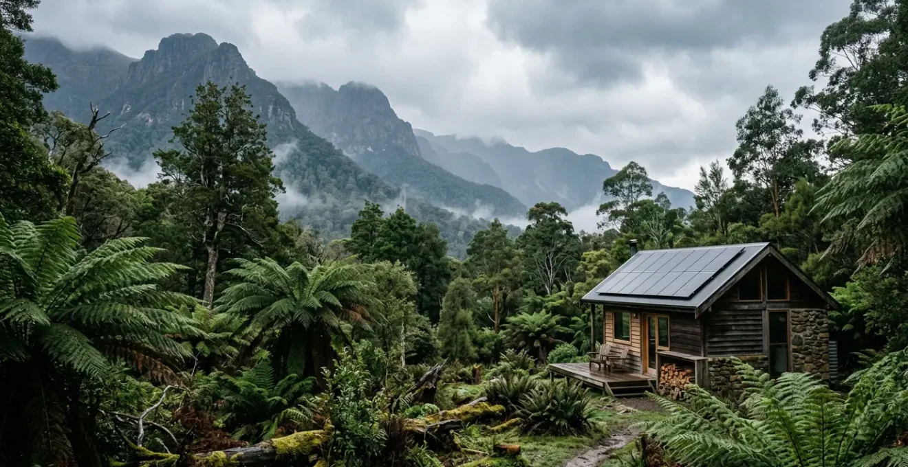 Remote sustainable wooden cabin nestled in Tasmanian temperate rainforest with solar panels visible on roof, surrounded by ancient tree ferns and misty mountains