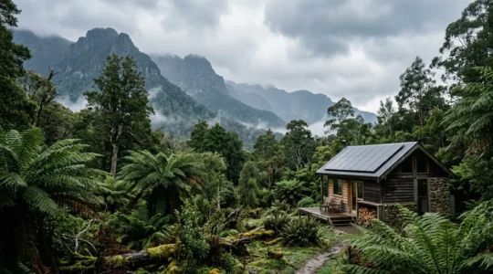 Remote sustainable wooden cabin nestled in Tasmanian temperate rainforest with solar panels visible on roof, surrounded by ancient tree ferns and misty mountains