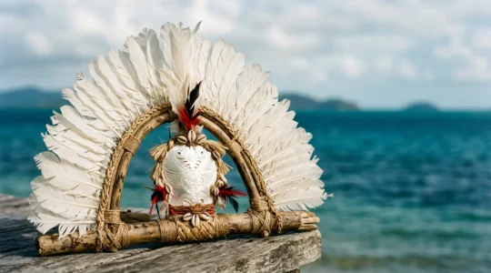 Torres Strait Islander flag featuring white dhari headdress and five-pointed star against green, blue and black bands representing land, sea and people