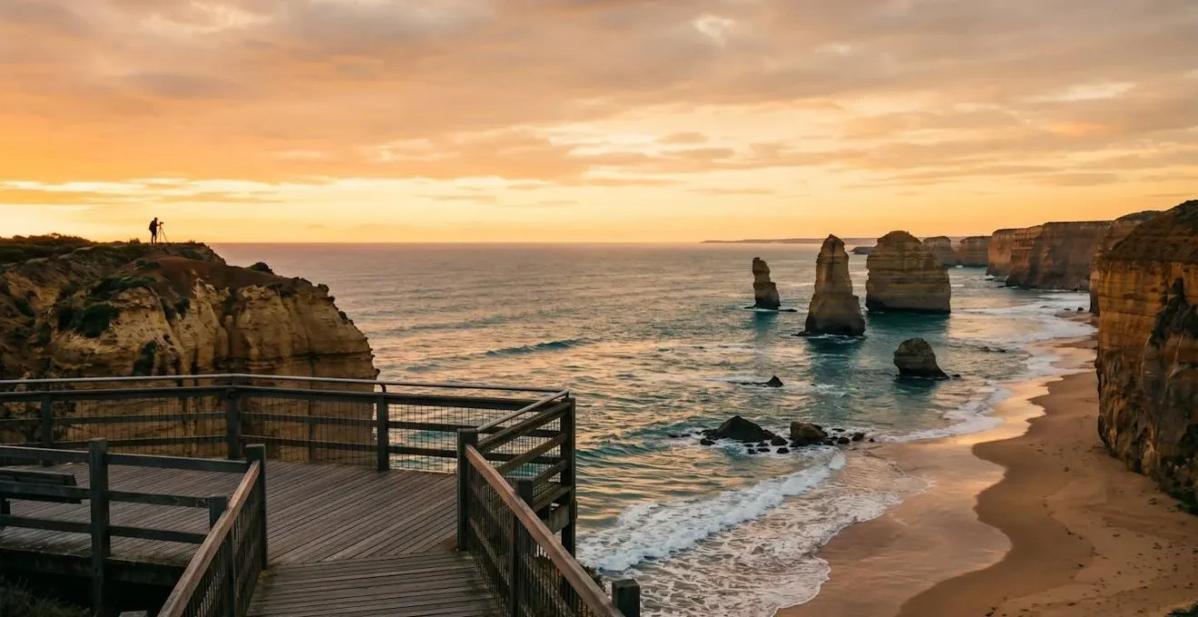 Dramatic limestone sea stacks rising from the Southern Ocean at golden hour with empty coastal boardwalk in the foreground