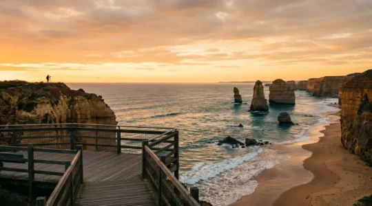 Dramatic limestone sea stacks rising from the Southern Ocean at golden hour with empty coastal boardwalk in the foreground