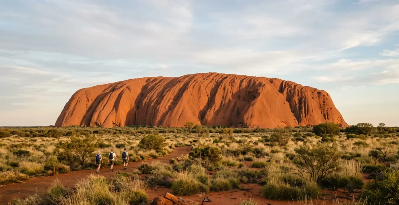 Wide panoramic view of Uluru's red sandstone base with visitors walking along the designated path, surrounded by desert vegetation under a vast blue sky, showcasing the respectful base walk experience