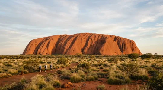 Wide panoramic view of Uluru's red sandstone base with visitors walking along the designated path, surrounded by desert vegetation under a vast blue sky, showcasing the respectful base walk experience