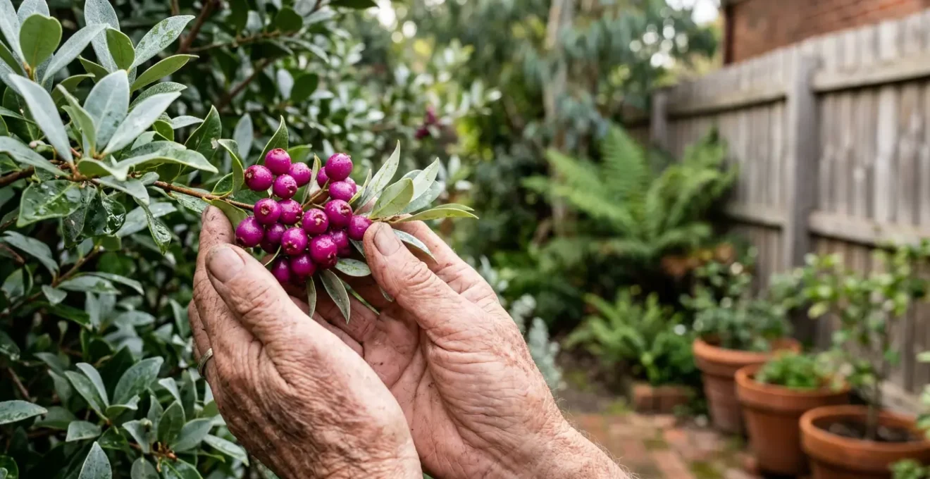 Close-up of hands carefully examining native Australian berries on a shrub in a suburban Melbourne garden