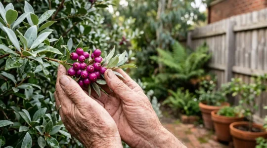 Close-up of hands carefully examining native Australian berries on a shrub in a suburban Melbourne garden
