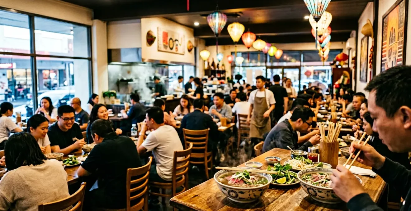 Authentic Vietnamese pho bowl with fresh herbs and steaming broth in Sydney's Cabramatta neighborhood