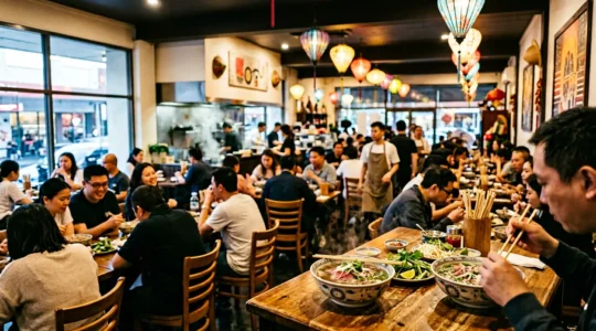 Authentic Vietnamese pho bowl with fresh herbs and steaming broth in Sydney's Cabramatta neighborhood