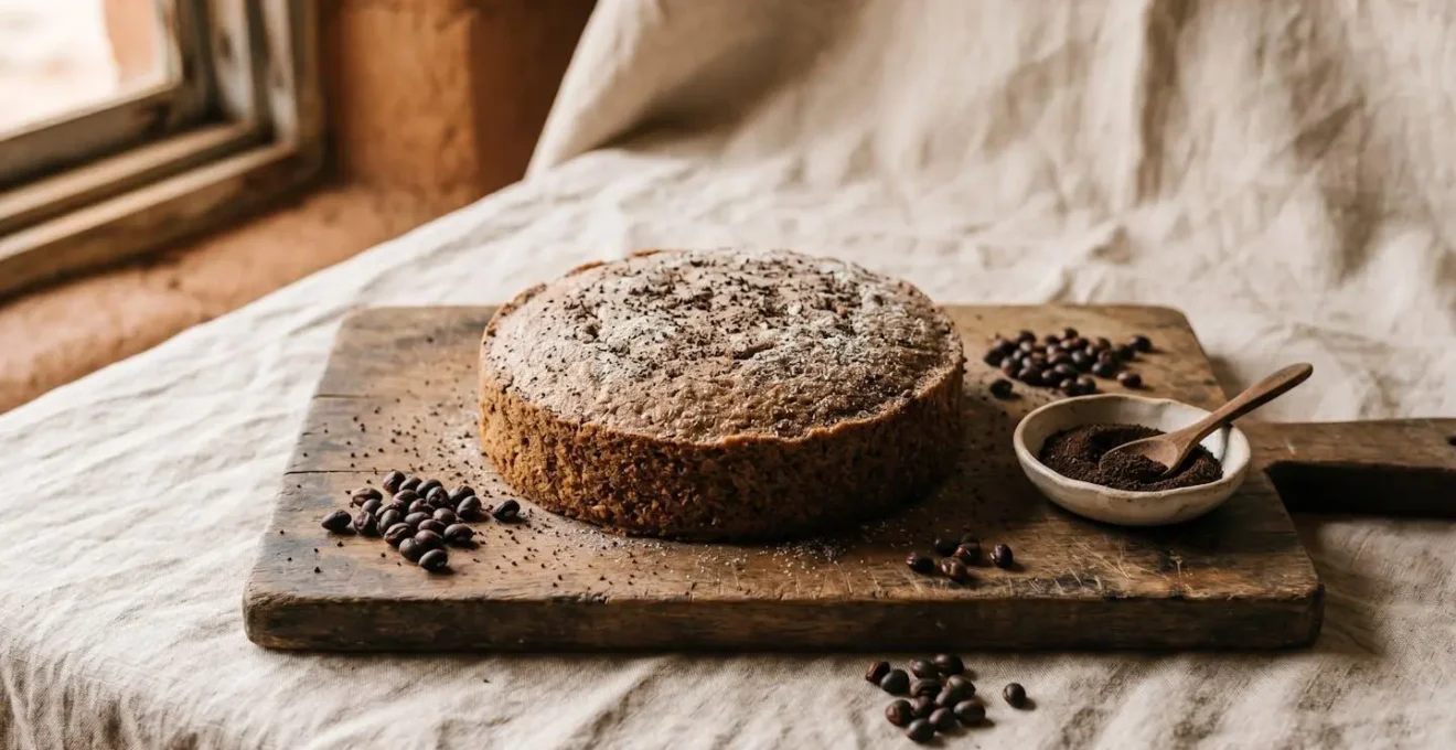 Artisan cake with wattleseed as coffee substitute on rustic wooden surface with natural afternoon light