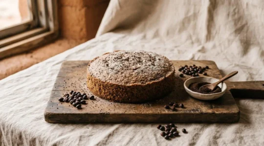 Artisan cake with wattleseed as coffee substitute on rustic wooden surface with natural afternoon light