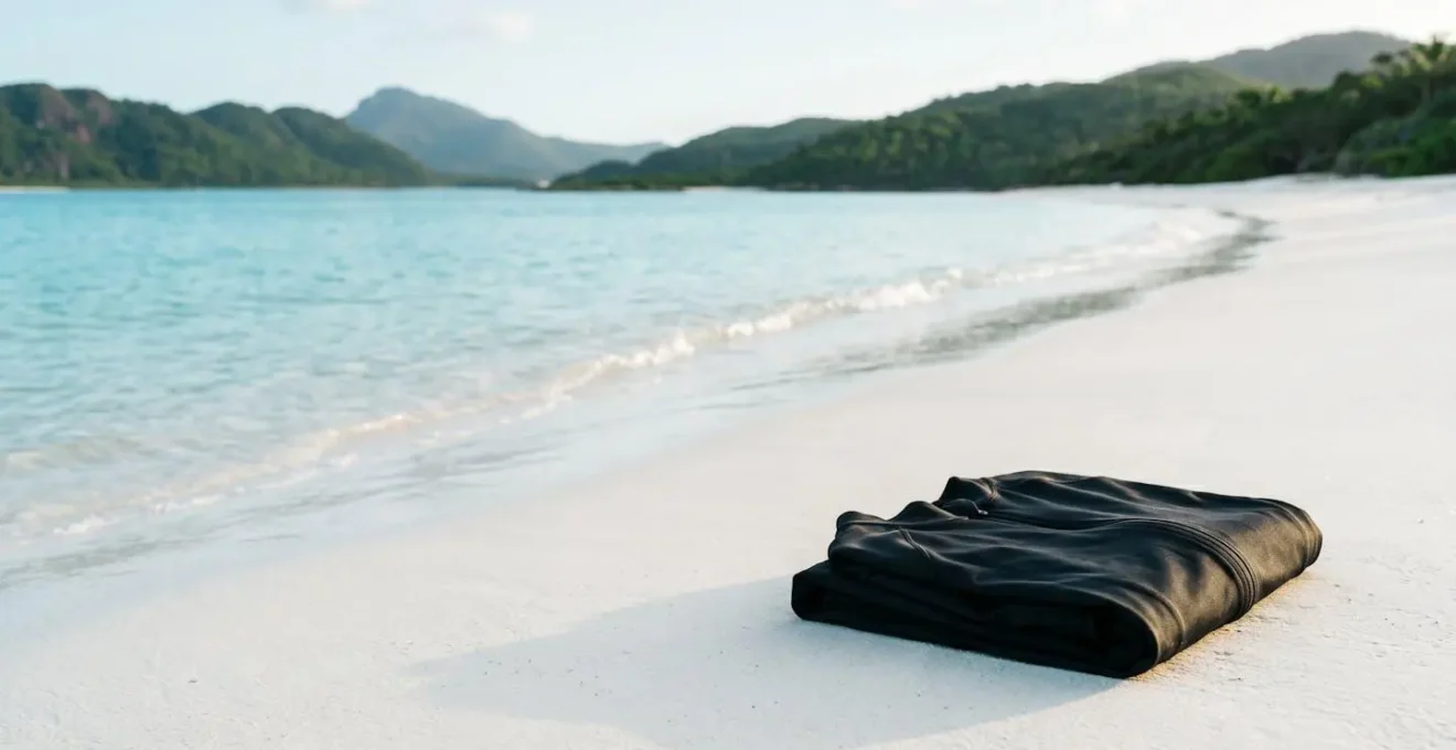 Tropical Whitsundays beach scene with protective stinger suit gear and crystal clear turquoise water