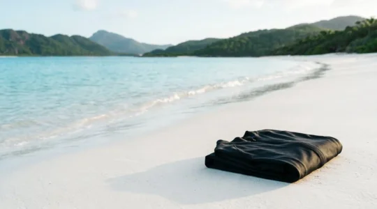 Tropical Whitsundays beach scene with protective stinger suit gear and crystal clear turquoise water