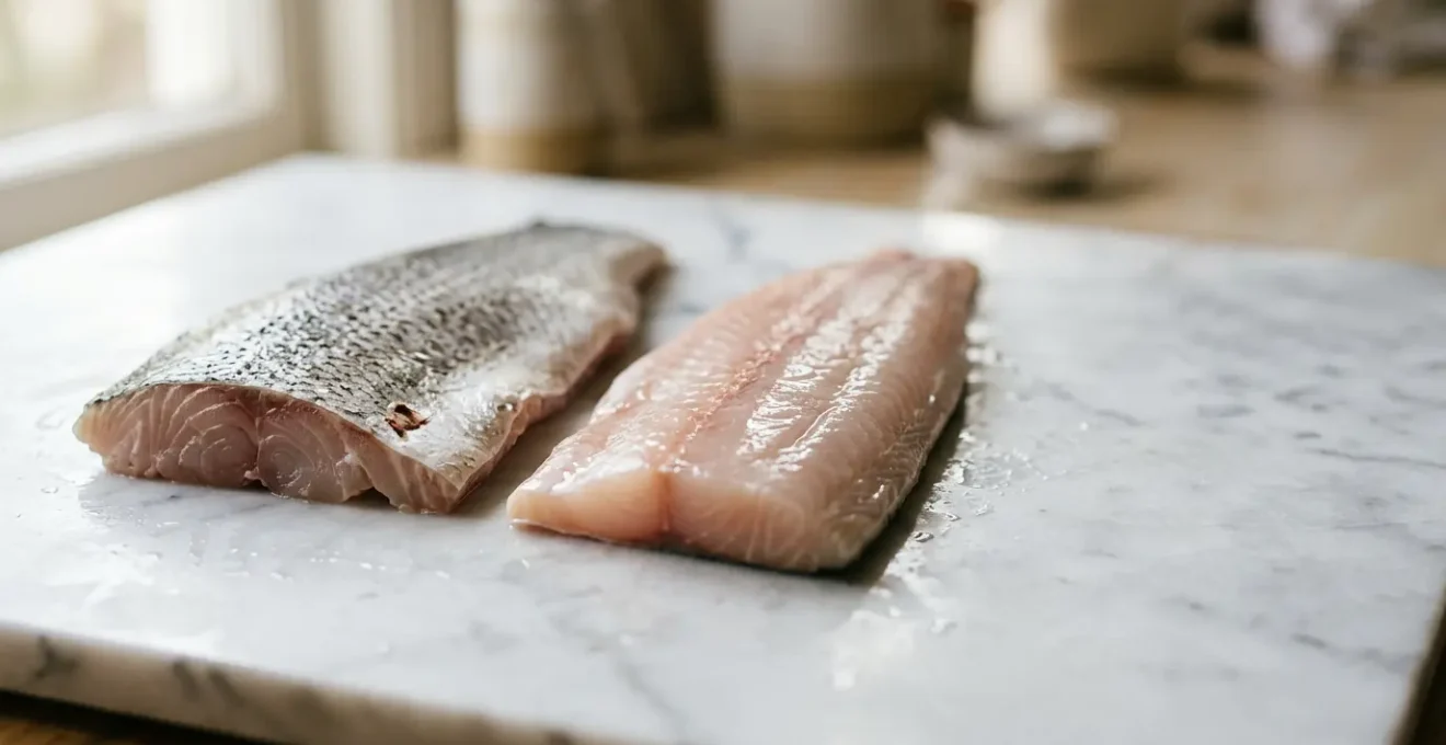 Two pristine barramundi fillets side by side on a clean surface, showcasing the visual differences between wild-caught and farmed fish