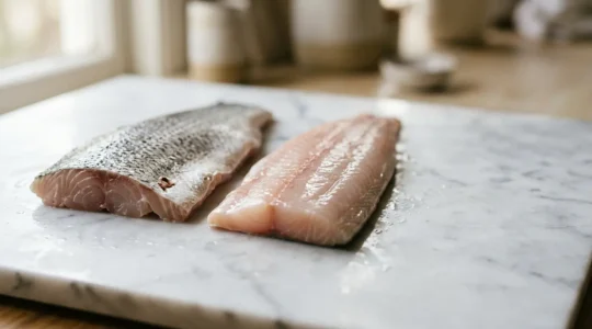 Two pristine barramundi fillets side by side on a clean surface, showcasing the visual differences between wild-caught and farmed fish