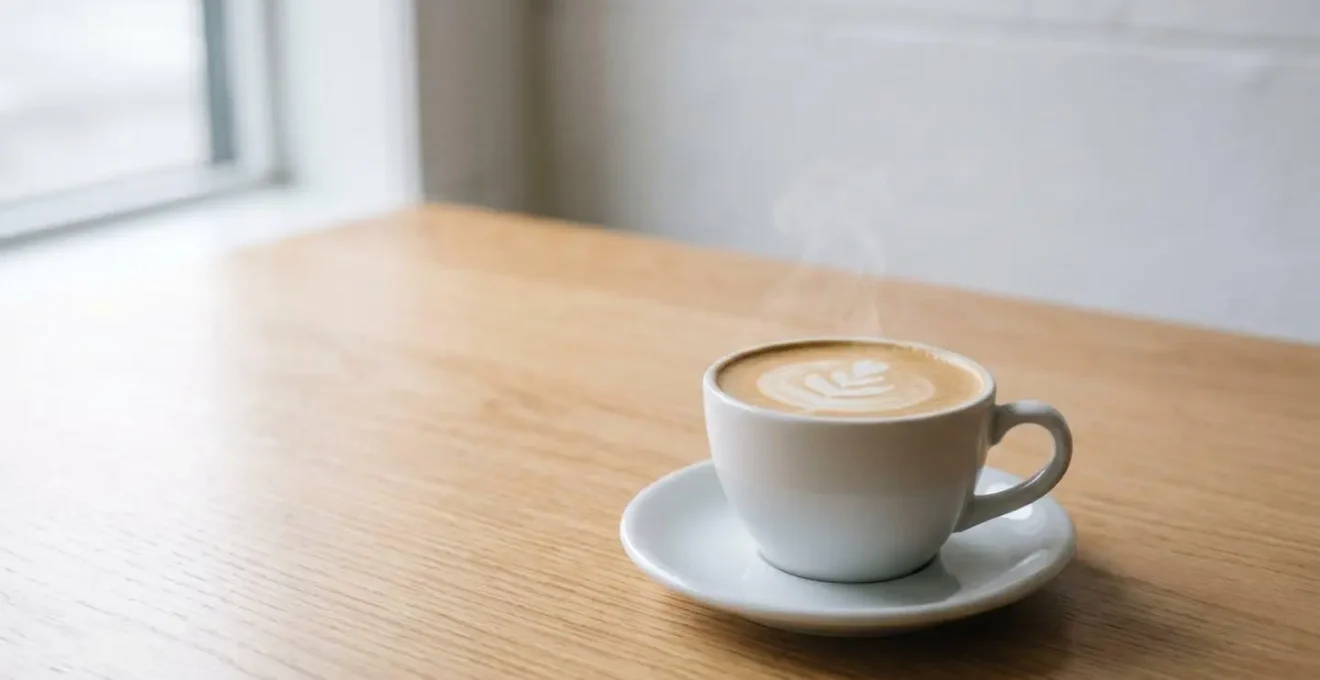 8oz white ceramic cup on clean surface with negative space emphasizing perfect size for coffee-to-milk balance