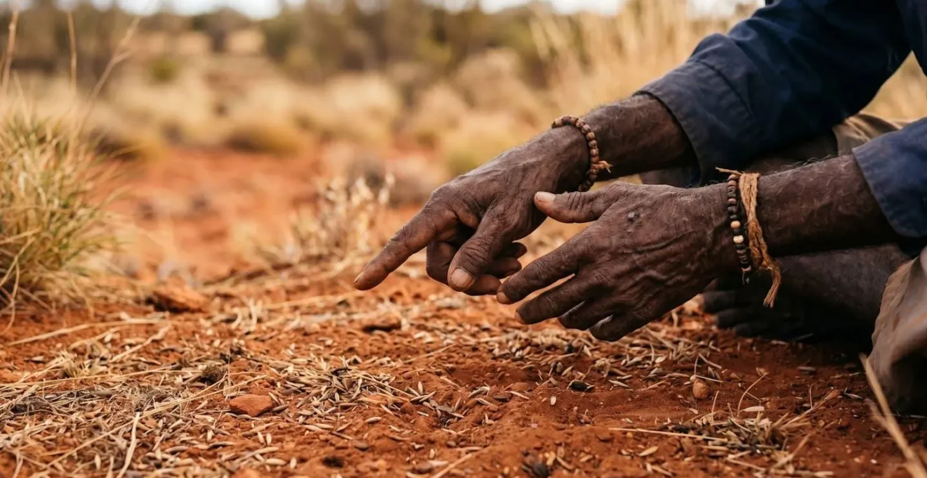 Close-up of Aboriginal elder's weathered hands gesturing expressively while teaching on Country, red earth and native grasses visible