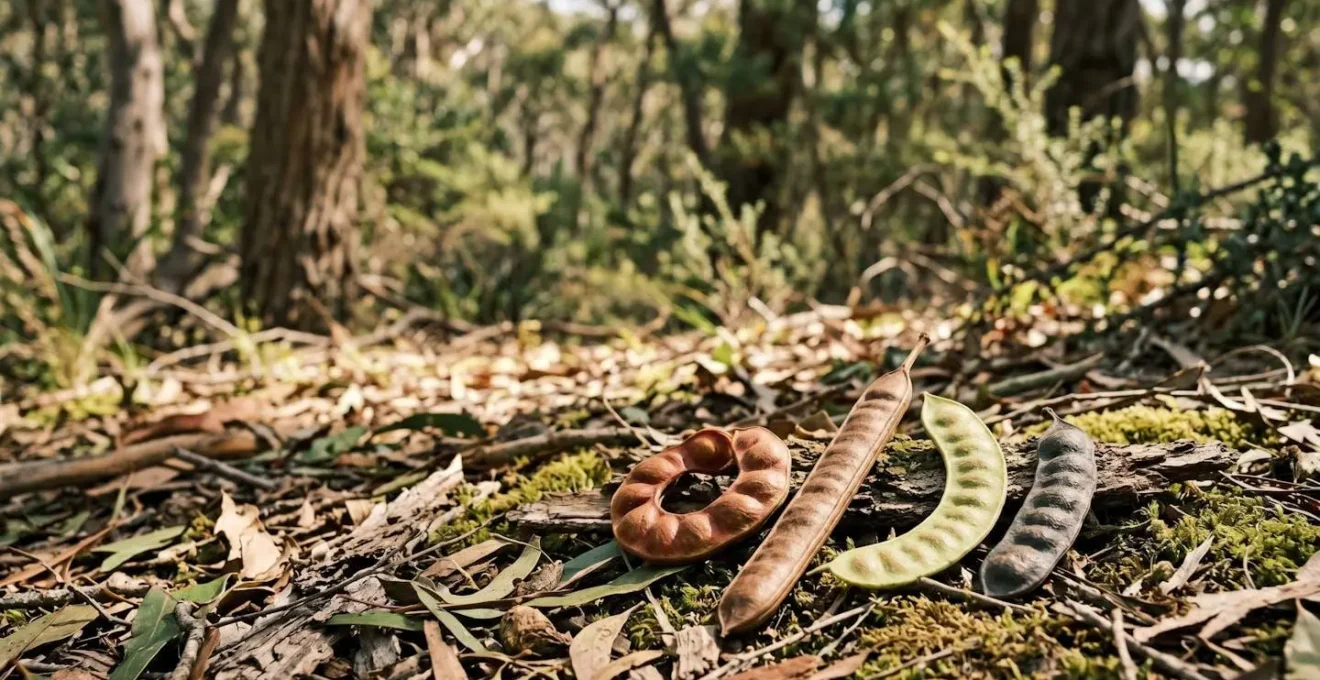 Different Acacia seed pods in natural arrangement showing variety of edible species