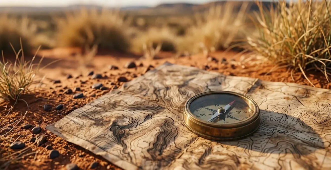 Traditional navigation compass and topographic map on red desert sand in Australian outback setting