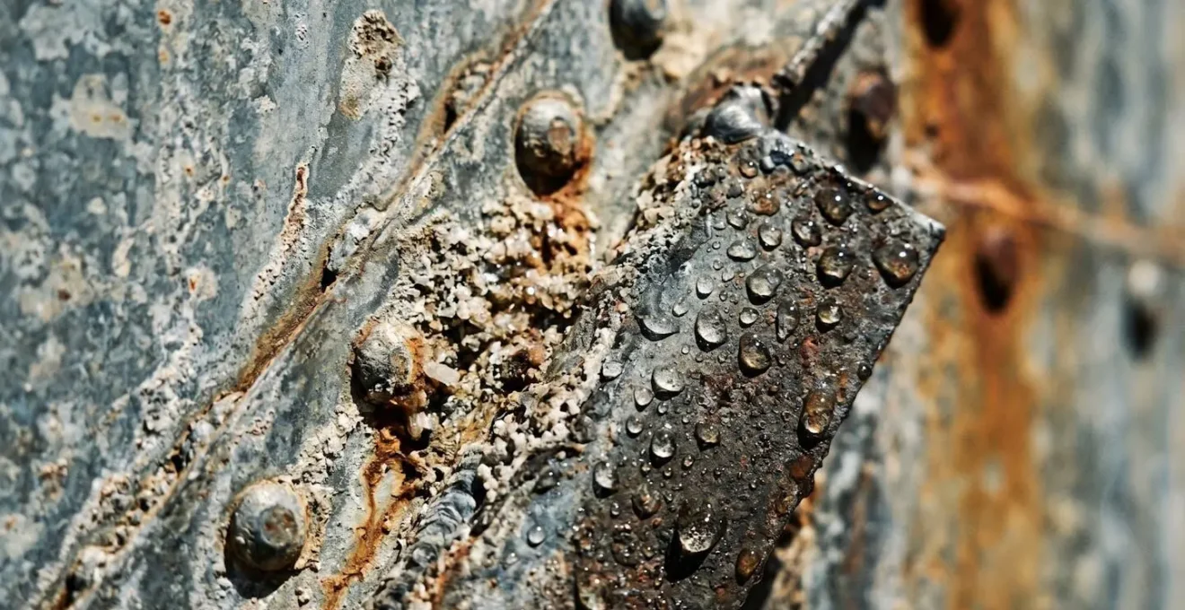 Close-up macro detail of weathered galvanized water tank surface with mineral deposits and water droplets in harsh outback sunlight