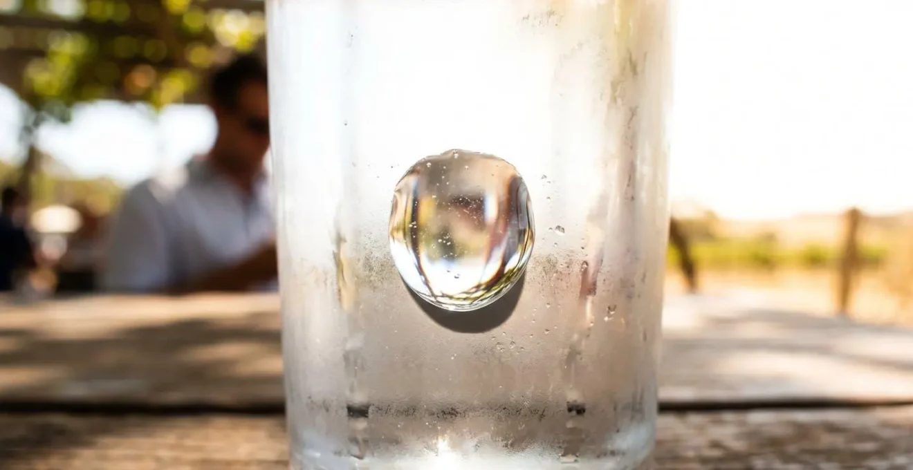 Macro close-up of water condensation droplets on glass surface in extreme summer heat
