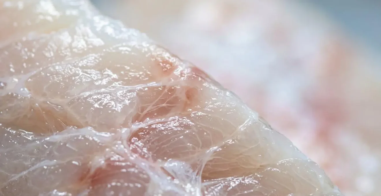 Extreme macro close-up of barramundi fish flesh texture showing muscle fibers and marbling detail