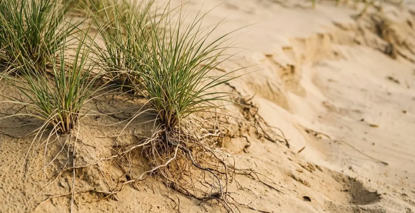 Macro detail of native spinifex grass roots binding golden coastal sand together showing dune stabilization