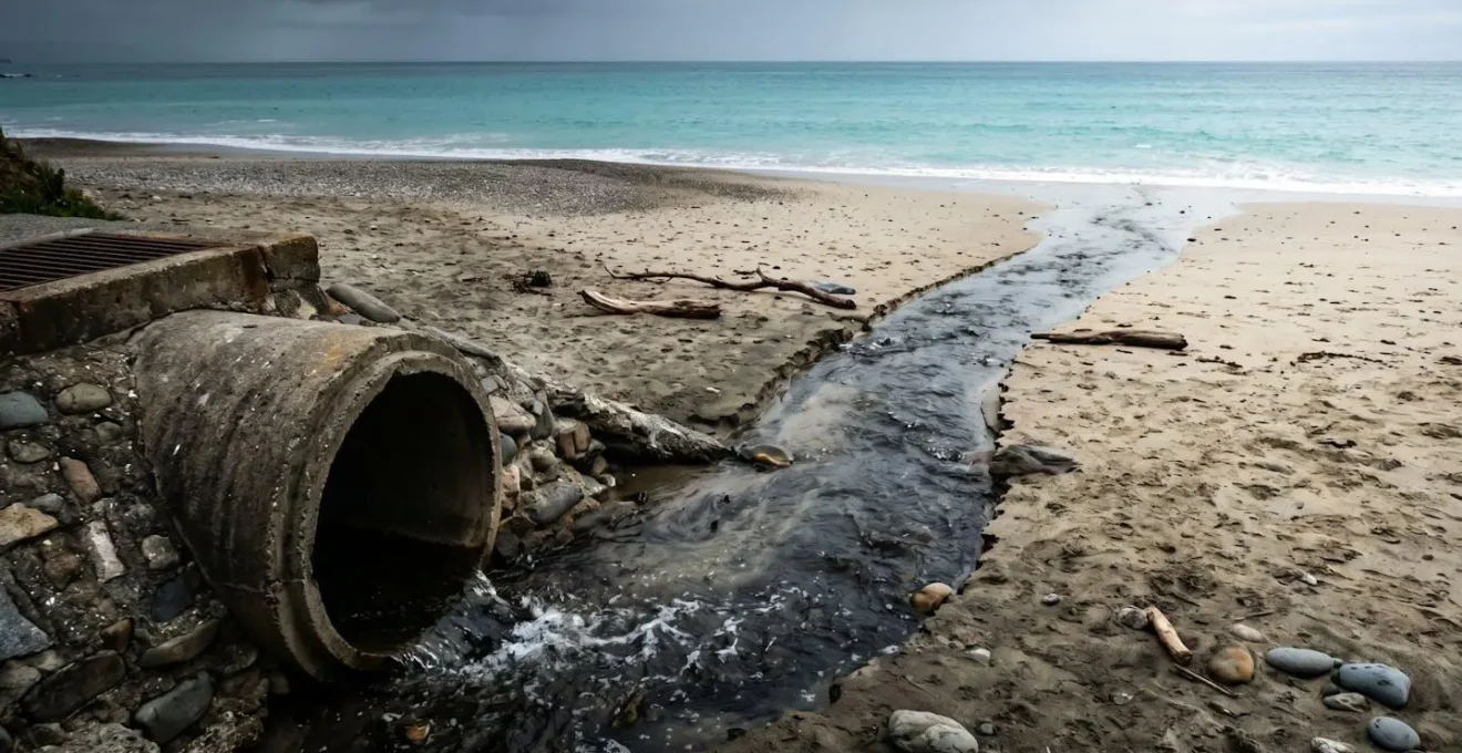Aerial view of urban stormwater drain system flowing toward pristine beach, showing the pollution pathway from city to ocean during heavy rainfall
