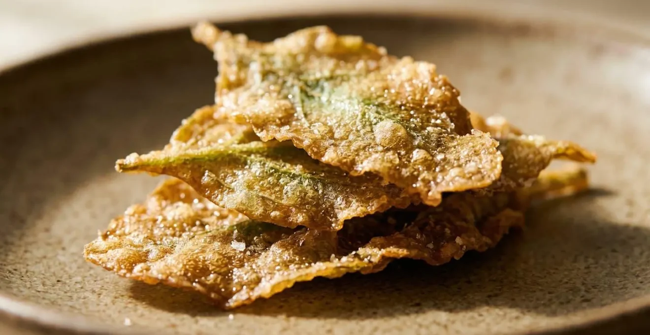 Extreme close-up of golden crispy saltbush leaves with visible texture and oil droplets