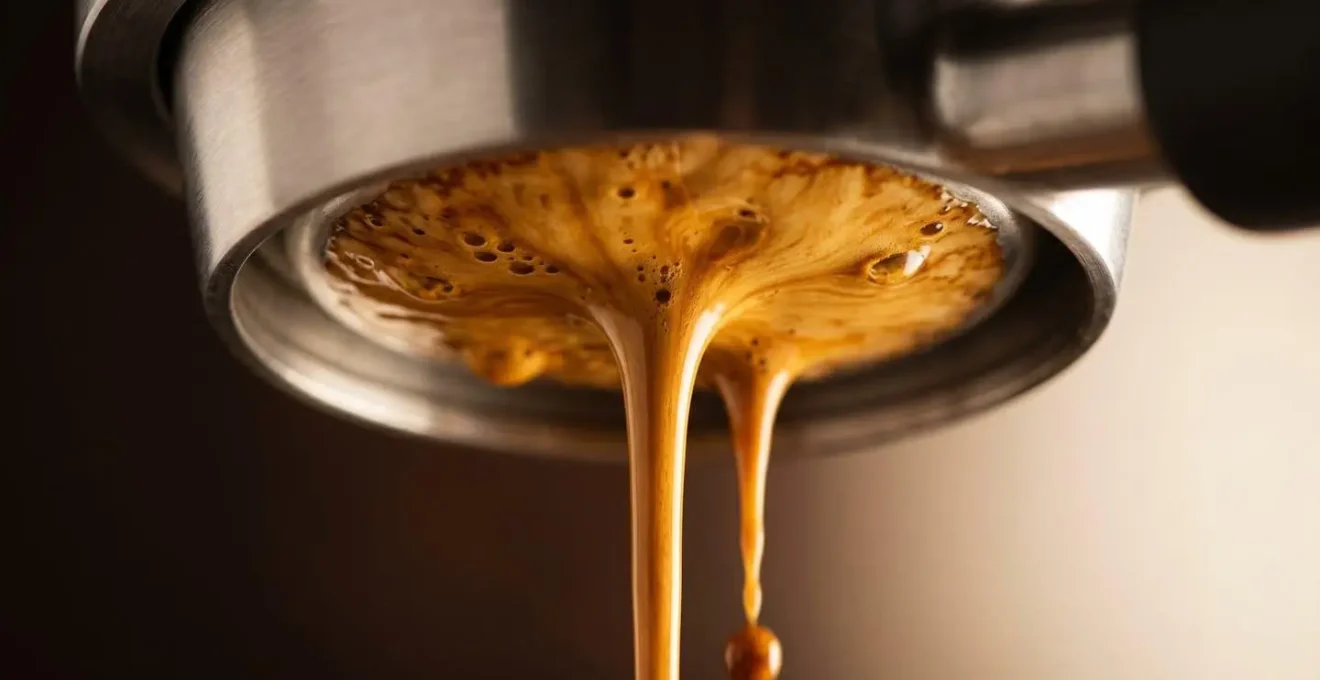 Extreme close-up macro shot of espresso extraction showing rich crema and coffee texture
