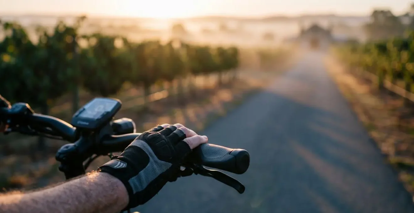 Electric bicycle handlebar view of empty vineyard cycling path in early morning golden light with mist