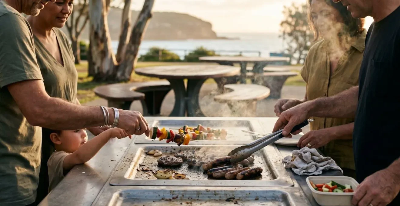 Family gathered around an outdoor electric BBQ hotplate in an Australian coastal park setting