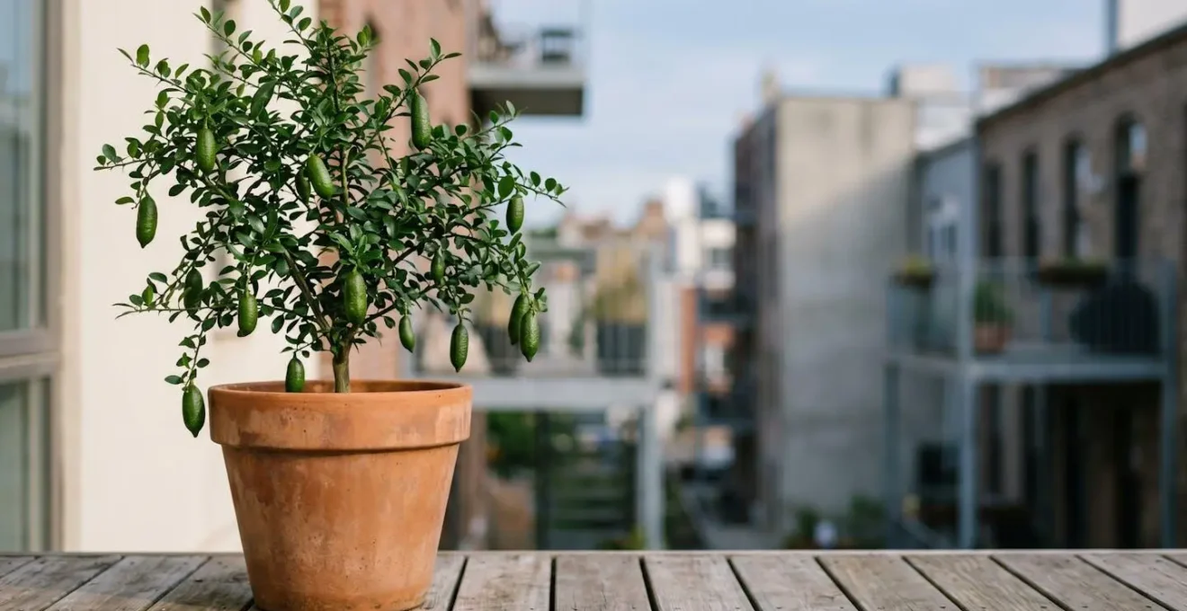 Compact finger lime citrus tree growing in terracotta container on modern balcony with urban backdrop