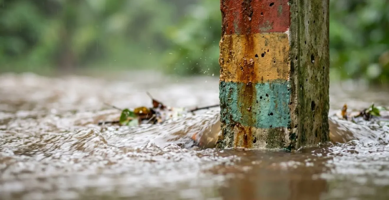 Floodway depth marker partially submerged in fast-flowing brown water with debris during Northern Territory wet season