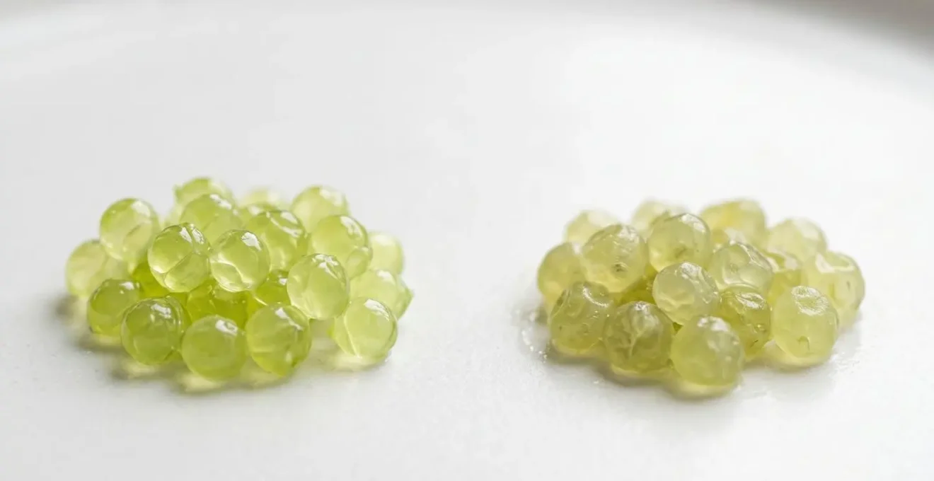 Close-up of finger lime citrus pearls showing texture comparison between fresh and frozen vesicles