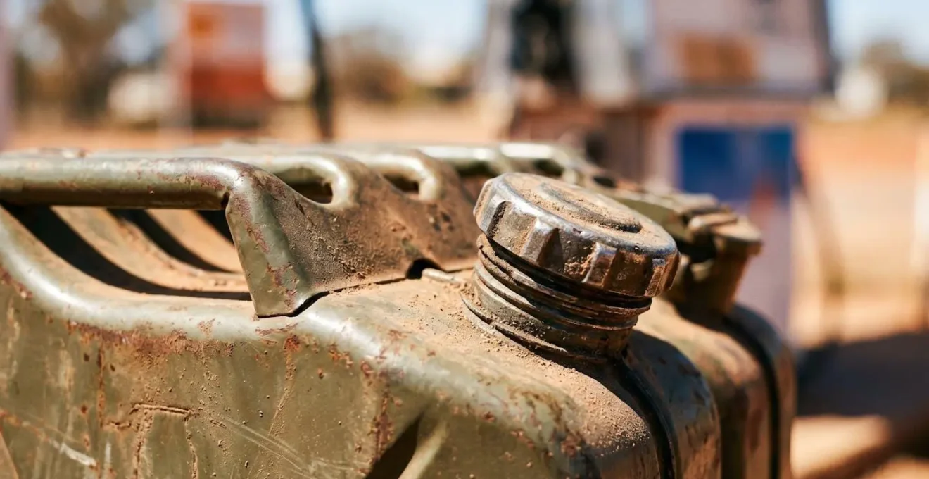 Fuel jerry cans and refueling equipment for remote Australian outback travel