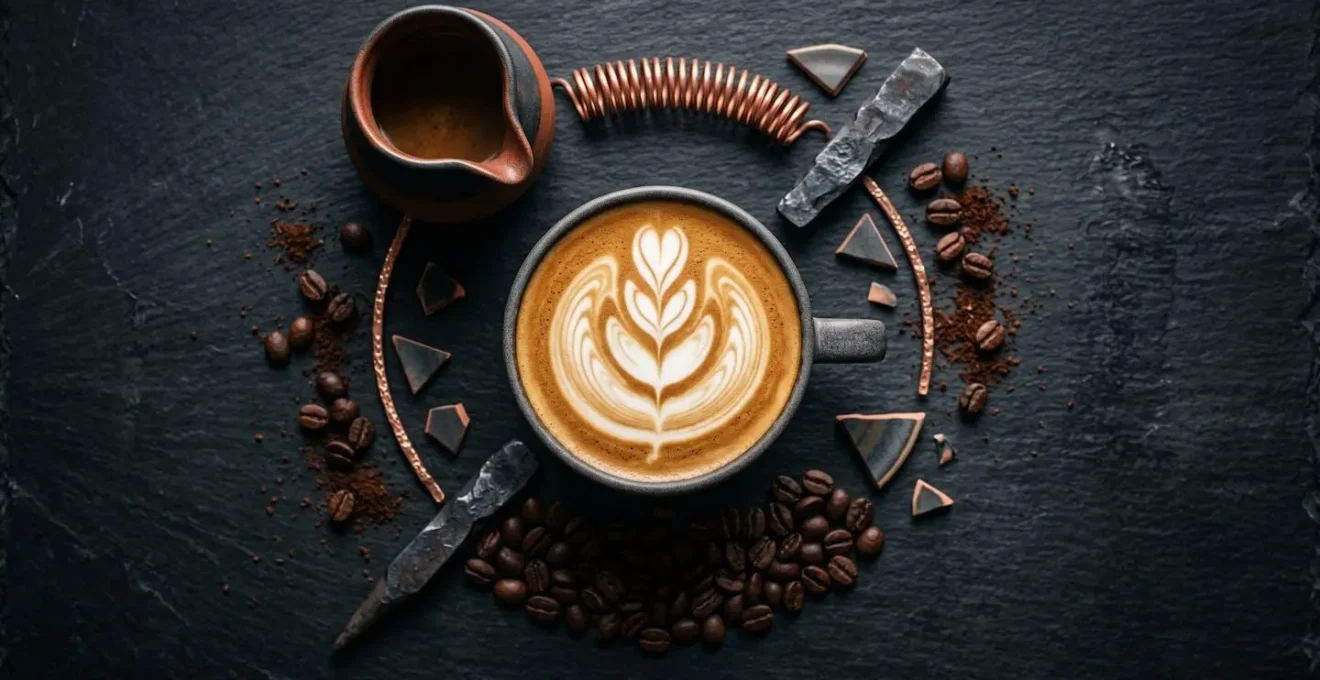 Artistic composition showing harmonious blend of coffee elements representing cultural fusion in a cup