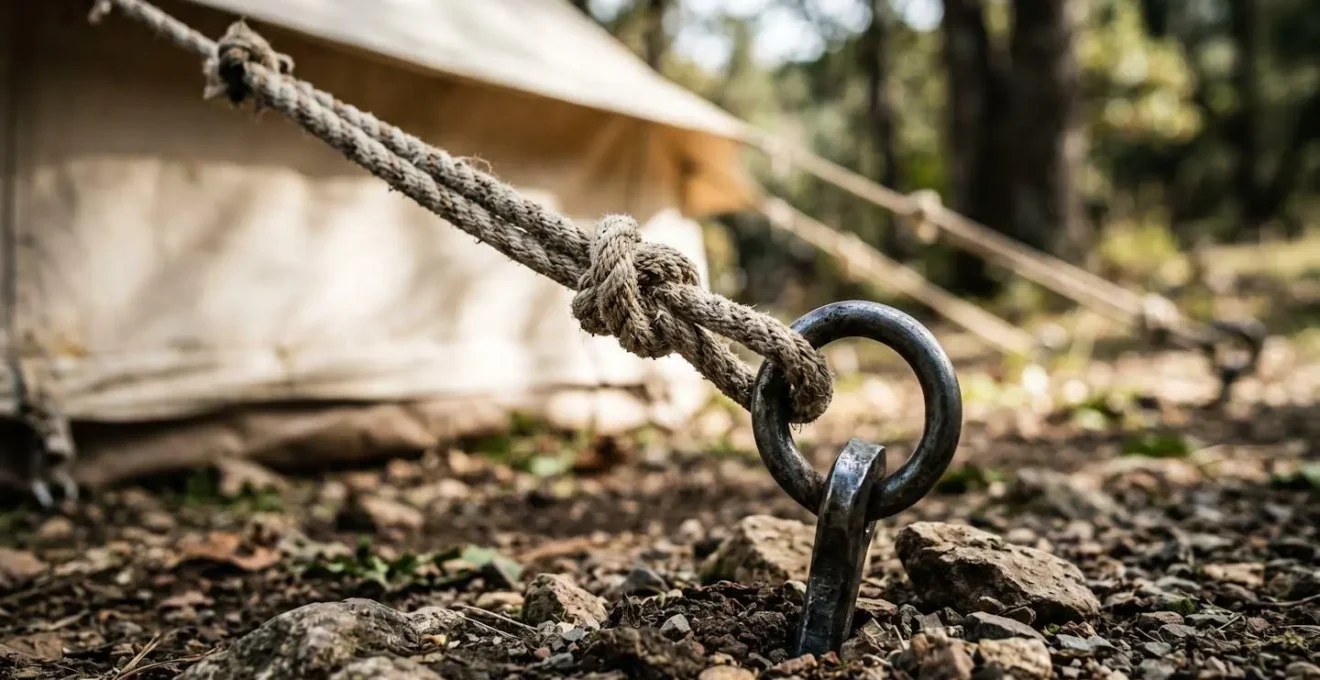 Robust tent guy-line and anchoring system showing heavy-gauge canvas and steel pole construction