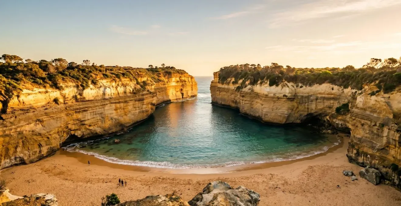 Warm sunset light illuminating amphitheater-shaped gorge walls with protected turquoise water below creating natural light bounce