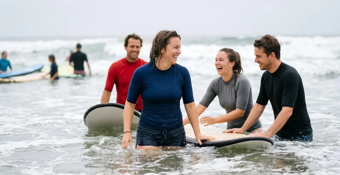 Group of beginner surfers learning together in shallow waves with instructor guidance