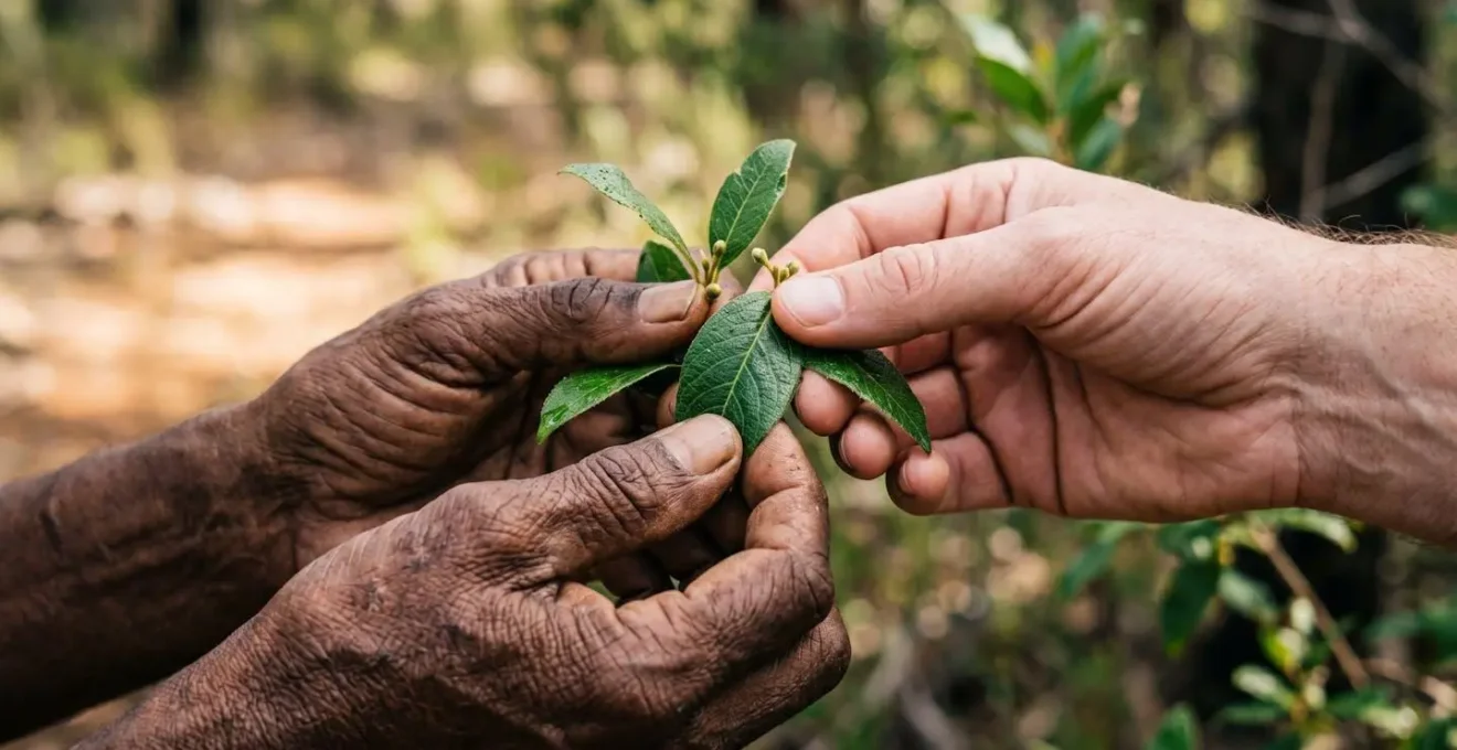 Close-up of weathered hands gently holding native plant leaves during bush tucker demonstration on Indigenous guided walk