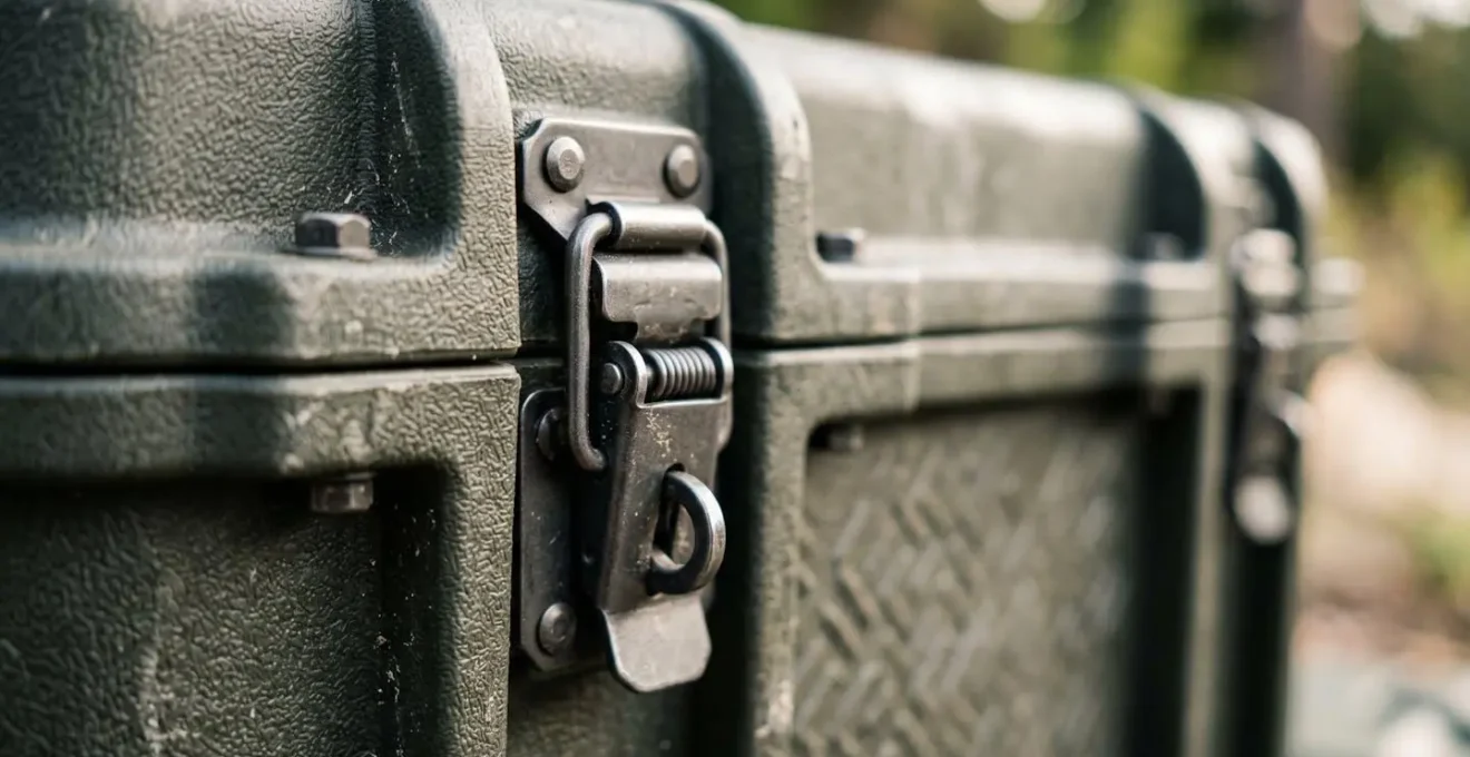 Durable hard-sided storage container secured with heavy objects in outdoor camping setting