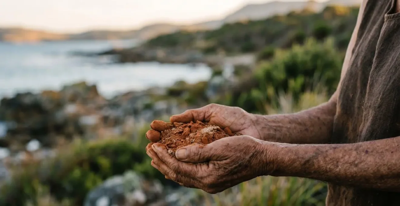 Hands of Tasmanian Aboriginal elder holding traditional ochre pigment against backdrop of coastal landscape showing connection to Country