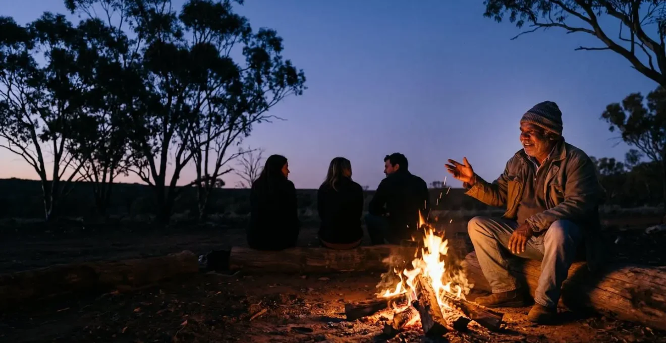 Indigenous elder sitting beside glowing campfire at dusk sharing stories with small intimate group in circle