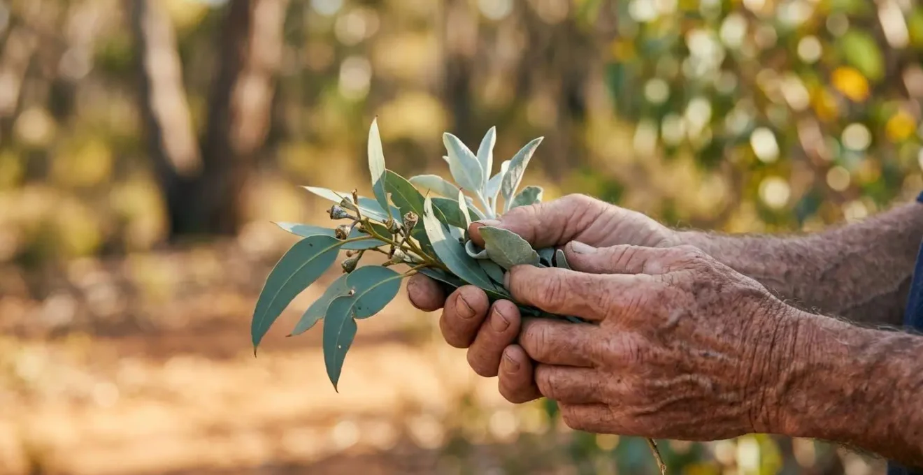 Weathered hands of an elder gently holding native Australian plant leaves with care and reverence