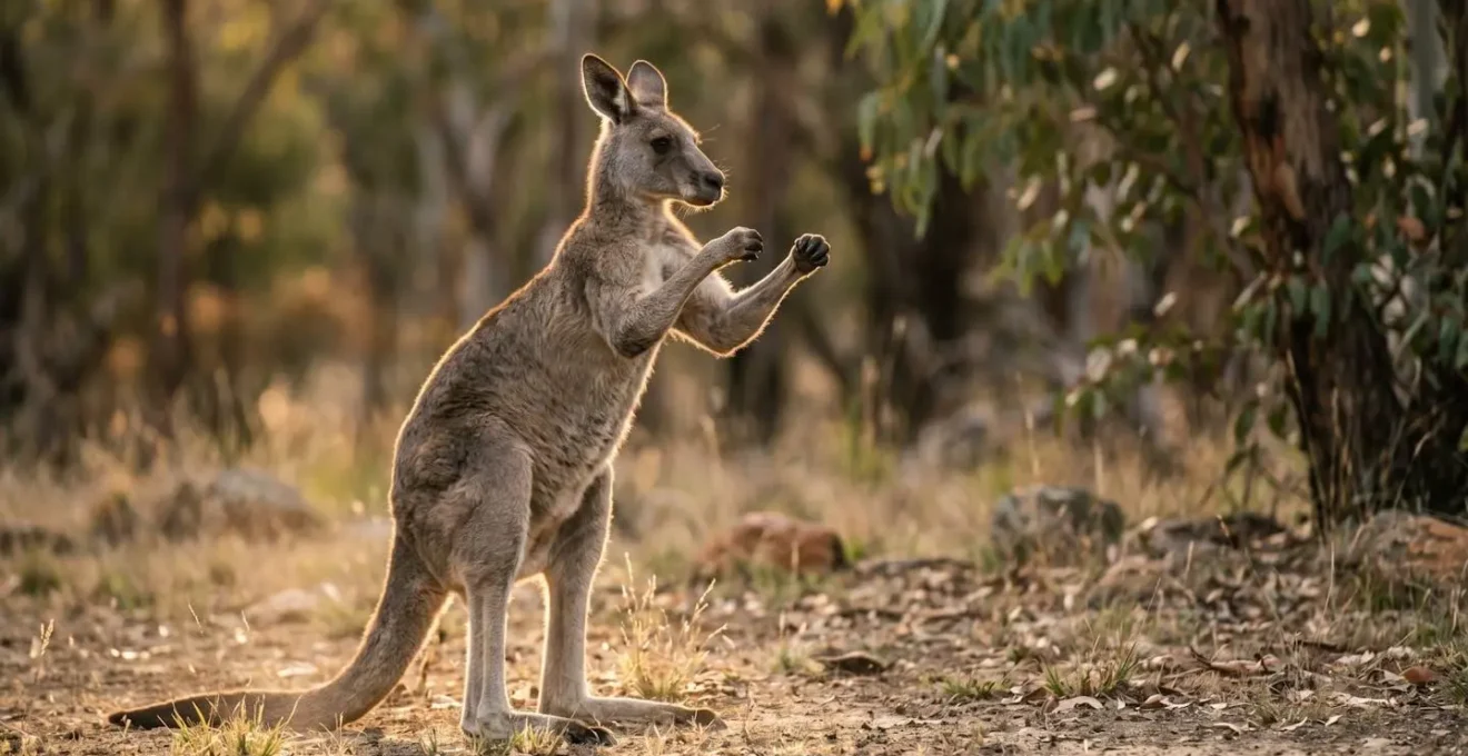 Male kangaroo displaying aggressive body language with erect posture and alert stance in natural habitat