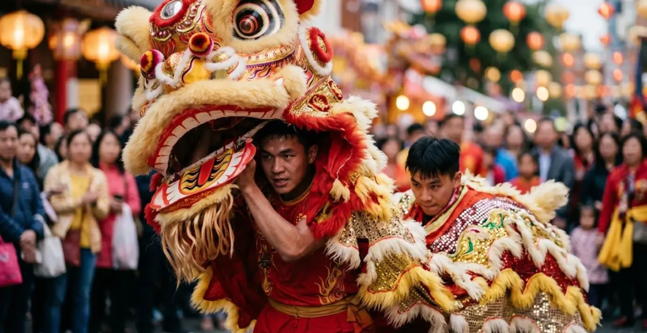 Traditional Chinese lion dance performance with vibrant colors and dynamic movement during Sydney's Lunar New Year festival