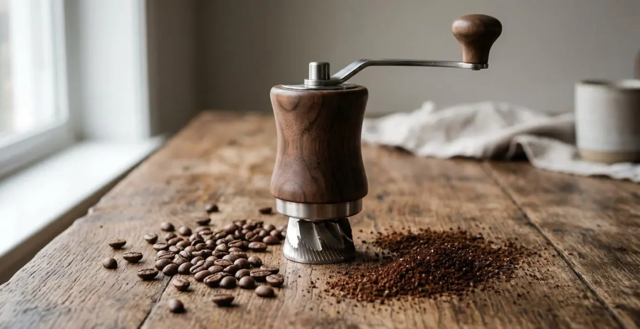 Portable manual coffee grinder with whole beans prepared for brewing while traveling
